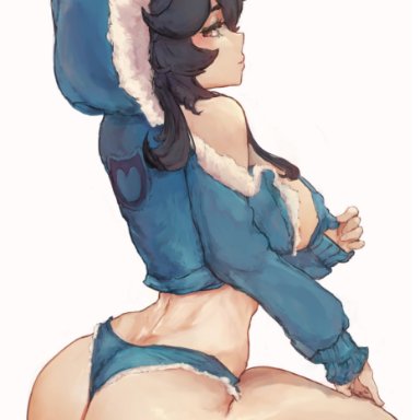 1girls, ass, beeprats, big ass, big breasts, breasts, female, humanized, long hair, looking back, minishorts, nintendo, pokemon, pokemon rgby, sideboob