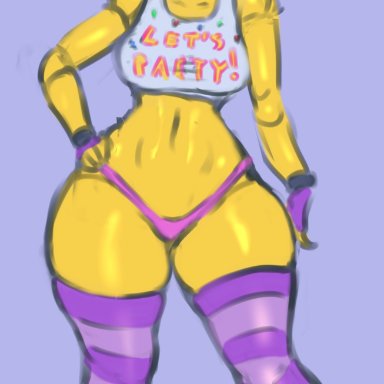 animatronic, five nights at freddy's, front view, looking at viewer, robot, robot girl, saidra, smug, solo, standing, tank top, thick thighs, thighhighs, thong, toy chica (fnaf)