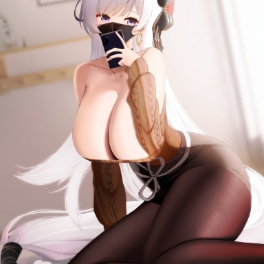 1girls, absurdres, azur lane, bare shoulders, belfast (azur lane), belfast (shopping with the head maid) (azur lane), black legwear, breasts, cleavage, clothes around waist, female, female focus, female only, hat, highres