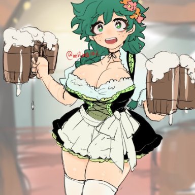 1girls, barmaid, beer, beer mug, big breasts, cleavage, female deku, female only, flower in hair, freckles, german clothes, green eyes, green hair, izuku midoriya, my hero academia