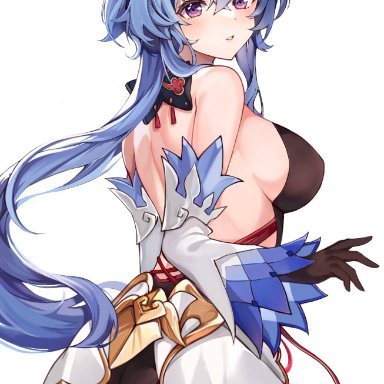 ahoge, ass, back, backless outfit, bangs, bare shoulders, black gloves, black legwear, blue hair, bow, bowtie, breasts, cowboy shot, curled horns, detached sleeves