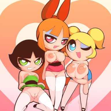 3girls, aged up, artist request, belt, big ass, big breasts, black hair, blonde hair, blossom (powerpuff girls), blue eyes, breasts outside, bubbles (powerpuff girls), buttercup (powerpuff girls), crop top, crossed arms