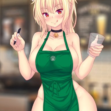 animal ears, blonde hair, cat ears, hi res, naked apron, red eyes, tagme, tail, tiffy, tiffynyaa, yellow hair