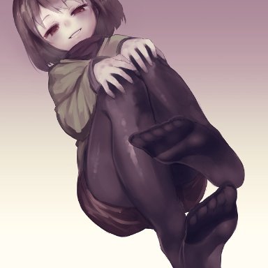 brown hair, chara, feet, foot fetish, leggings, red eyes, short hair, smile, tight clothing, undertale