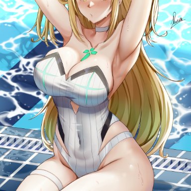 1girls, 2021, armpits, arms up, artist signature, bangs, bare legs, blonde hair, blush, breasts, choker, cleavage, competition swimsuit, core crystal, feet