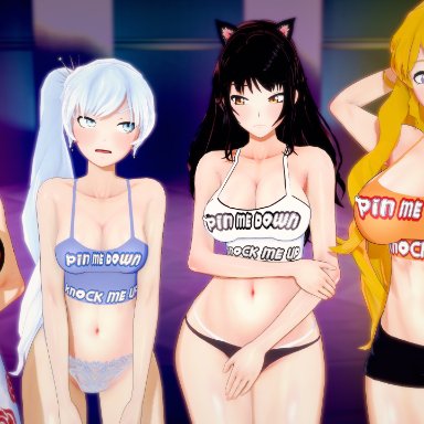 4girls, blake belladonna, blush, combatwombat, large breasts, lingerie, medium breasts, pajamas, ruby rose, rwby, text, weiss schnee, yang xiao long