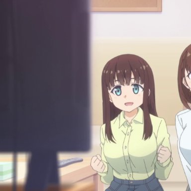 16:9 aspect ratio, 2d, ai-chan's mother (tawawa), ai-chan's sister (tawawa), ai-chan (tawawa), animated, between breasts, blue bra, blue eyes, blue neckwear, blue underwear, blush, bouncing breasts, bra, bra peek