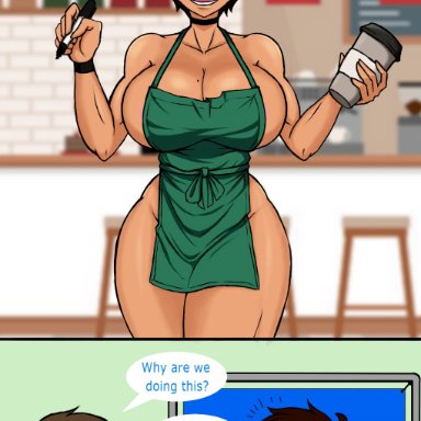 1boy, 1girls, angel (greenlove), apron, big breasts, blue eyes, chibi, choker, cleavage, dark-skinned female, green apron, greenlove, iced latte with breast milk, looking at viewer, mole on breast