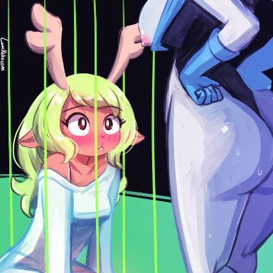 age difference, anthro, big ass, caged, deltarune, deltarune chapter 2, dialogue, dubious consent, english text, exposed breasts, furry, interspecies, leotard, lumineko, milf