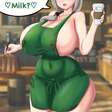 1girls, apron, big breasts, breasts, eye contact, grey hair, huge breasts, iced latte with breast milk, lactation, large breasts, long hair, looking at viewer, mature female, milf, speech bubble