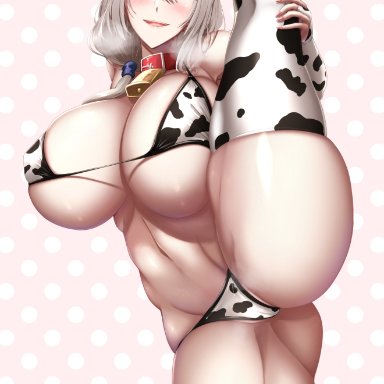 1girls, animal ears, animal print, bell, bikini, breasts, bridal gauntlets, closed eyes, collar, cow ears, cow girl, cow horns, cow print, cowbell, elbow gloves