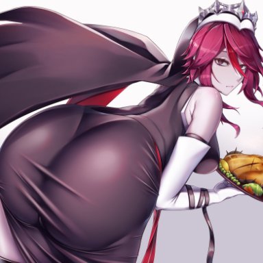 1girls, ass, big ass, eye contact, female, genshin impact, huge ass, large ass, long hair, looking at viewer, mirmir, red hair, rosaria (genshin impact), solo, thick ass