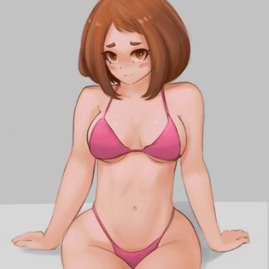 1girls, belly, bikini, bikini bottom, bikini top, blush, breasts, brown hair, embarrassed, female, female focus, female only, looking at viewer, my hero academia, navel