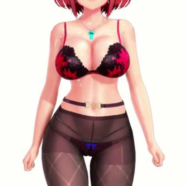 1girls, 3d, animated, animated, ass, back, bangs, bare arms, bare shoulders, black legwear, blender, blendy 13, blue bow, bouncing breasts, bow