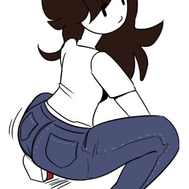 artist request, ass, big ass, brown hair, clothing, color, female, jaiden, jaiden animations, jeans, long hair, looking at viewer, looking back, solo, squatting