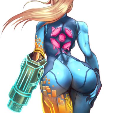 1girls, arcsinge, big ass, blonde hair, bodysuit, metroid, nintendo, ponytail, samus aran, solo, tight clothing, zero suit