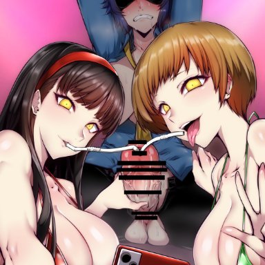 1futa, 2girls, amagi yukiko, arms above head, arms behind head, arms up, balls, big breasts, big penis, bikini, blindfold, blush, breasts, breasts outside, cleavage