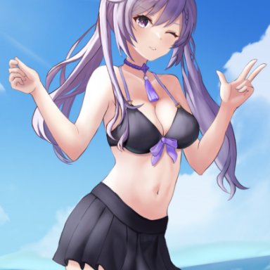 1girls, big breasts, bikini, breasts, genshin impact, keqing (genshin impact), midriff, nanjtensaku, navel, purple eyes, purple hair, swimsuit, twintails, wink