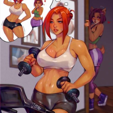 2girls, anthro, athletic, athletic female, blue eyes, blush, cleavage, crash (series), daydream, dumbbell, exercise, flexing, furry, heart, human