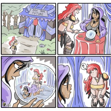 1futa, 1girl, 1girls, 4koma, ?, all fours, black hair, breast, clairvoyant, clothed, clothing, comic, comic page, comic strip, crystal ball