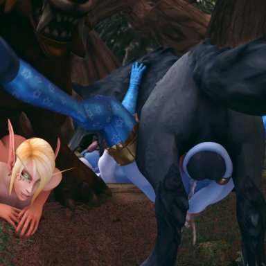 2animals, 2boys, 2girls, 3d, alori, animated, ass, balls, big ass, blood elf, breasts, canine penis, draenei, erection, female