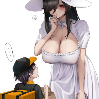 ..., 1boy, 1futa, 2021, artist name, bag, bare arms, black hair, blue eyes, breasts, bulge, cap, cleavage, cleavage cutout, clothed