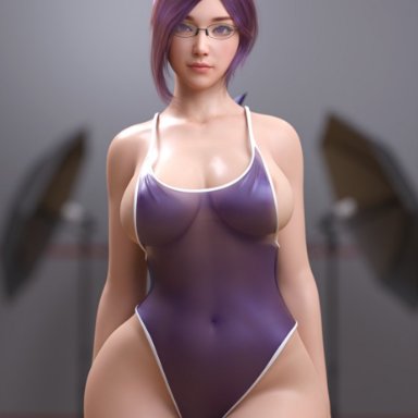 1girls, 3d, asian, big breasts, breasts, female, female only, glasses, large breasts, looking at viewer, rude frog, see-through swimsuit, solo, thick thighs, wide hips