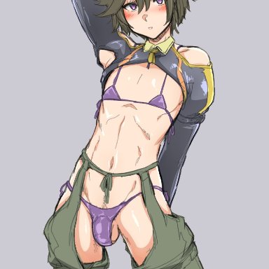 1boy, armpit cutout, balls, blush, bulge, crotchless pants, eye contact, femboy, garter straps, kizuki rei, looking at viewer, male, micro bikini, original, partially clothed