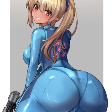 1girls, ass, bent over, blonde hair, bodysuit, breasts, cosplay, dark-skinned female, dark skin, female, from behind, hololive, kihou no gotoku dmc, leaning forward, looking at viewer