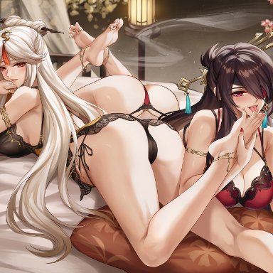 2girls, anklet, bangs, bare legs, barefoot, beidou (genshin impact), black gloves, black legwear, breasts, brown hair, claw ring, commentary request, dress, eyebrows visible through hair, eyepatch