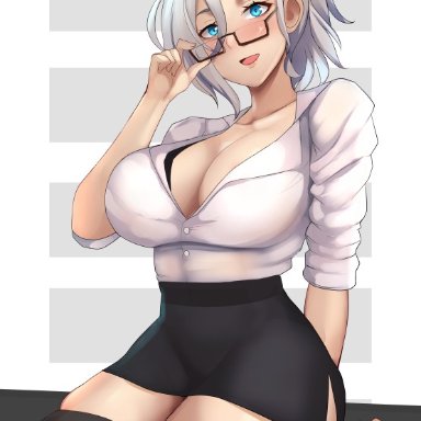 1girls, big breasts, breasts, cleavage, female, female only, glasses, lainart, large breasts, looking at viewer, rwby, skirt, solo, thighhighs, winter schnee