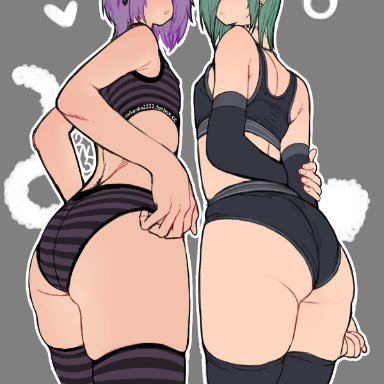 2boys, 2n5, ass, ass focus, bare shoulders, earrings, femboy, girly, green hair, grey background, hair over one eye, legwear, looking at viewer, low-angle view, panties