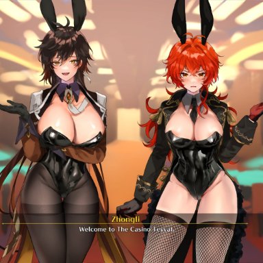 2021, 2girls, absurd res, animal ears, areola slip, areolae, between breasts, black gloves, black hair, black leotard, blurry, blurry background, breast hold, brown hair, bunny ears