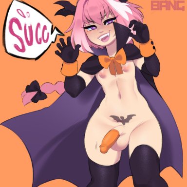 1boy, astolfo (fate), balls, eye contact, fate/grand order, fate (series), femboy, girly, halloween, looking at viewer, male, penis, pink hair, speech bubble, standing