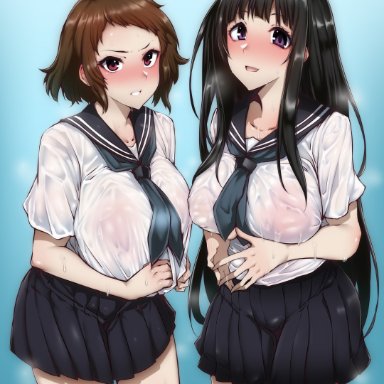 2girls, alternate breast size, big breasts, blush, chitanda eru, gggg, huge breasts, hyouka, ibara mayaka, large breasts, nipple bulge, nipples visible through clothing, no bra, school uniform, skirt