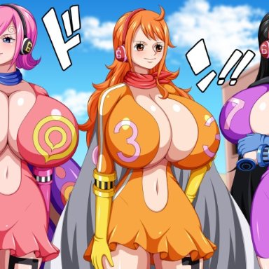 3girls, big breasts, black hair, blue eyes, breasts, cleavage, huge breasts, k-trance, koktter , large breasts, long hair, nami, navel, nico robin, one piece