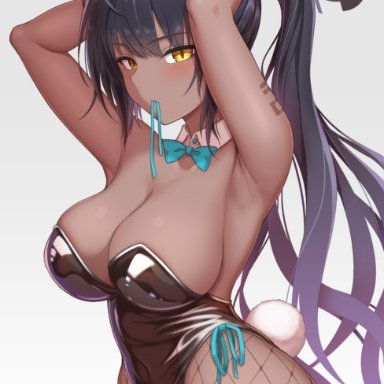 1girls, animal ears, aqua neckwear, arm tattoo, armpits, arms up, black hair, black leotard, blue archive, blush, bow, bowtie, breasts, cleavage, dark-skinned female