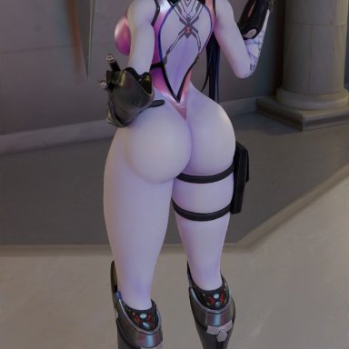 blizzard entertainment, gun, looking to the side, overwatch, purple skin, sniper, thigh strap, vonsvaigen, widowmaker