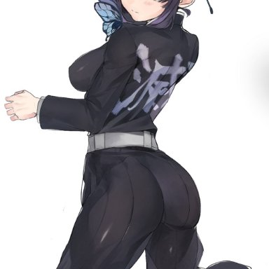 ass, backboob, big ass, black hair, butt crack, butterfly, butterfly hair ornament, clothing, demon slayer, female, female only, fully clothed, kimetsu no yaiba, kneeling, kochou shinobu