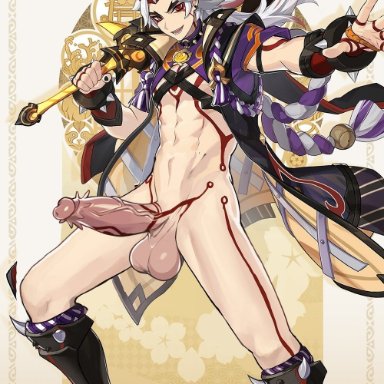 1boy, abs, arataki itto, athletic male, black greaves, black nails, black toenails, face markings, genshin impact, geta, greaves, huge cock, japanese clothes, kanabou, matemi