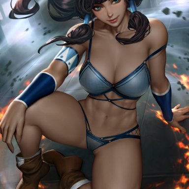 abs, absurd res, bra, breasts, cleavage, dark-skinned female, dark skin, hi res, korra, large breasts, lingerie, muscular, muscular female, neoartcore, nickelodeon