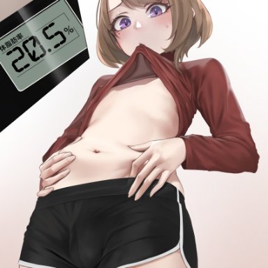 1boy, 2021, artist name, belly grab, blush, brown hair, bulge, clothing, dolphin shorts, femboy, highres, ikemeru19, lifted by self, looking down, male