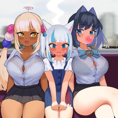 2021, 3girls, ;3, @ @, ahoge, animal ears, artist name, bare arms, black bra, black hair, blue eyes, blue hair, blush, bra, bra through clothes