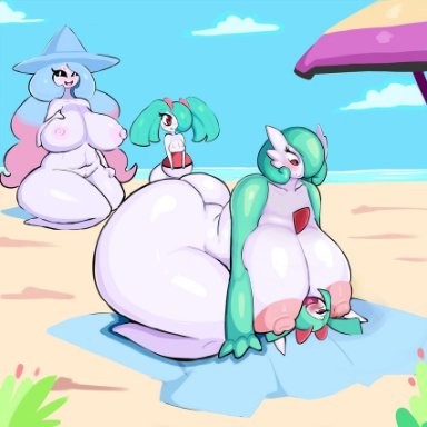 beach, bent over, big breasts, big butt, female, gardevoir, hatterene, huge ass, huge breasts, large breasts, nintendo, nipples, nude, pokémon (species), pokemon