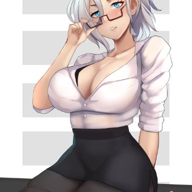 1girls, big breasts, breasts, cleavage, female, female only, glasses, lainart, large breasts, looking at viewer, rwby, skirt, solo, thighhighs, winter schnee