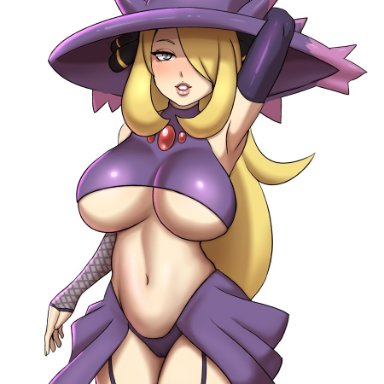 1girls, armpits, big breasts, blonde hair, breasts, cynthia (pokemon), deareditor, gloves, hair ornament, halloween, large breasts, long hair, nintendo, pokemon, pokemon dppt