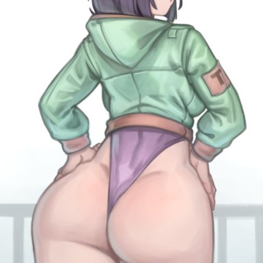 1girls, ass, big ass, big butt, dat ass, dc, eye contact, female, kelvin hiu, leotard, looking at viewer, looking back, purple eyes, purple hair, rachel roth