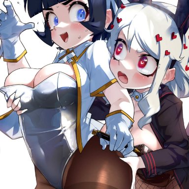 ass grab, azazel (helltaker), black hair, blue eyes, blush, breast grab, bunny ears, bunnysuit, fishnets, gloves, heart, heart-shaped pupils, helltaker, hizake, kashu (hizake)