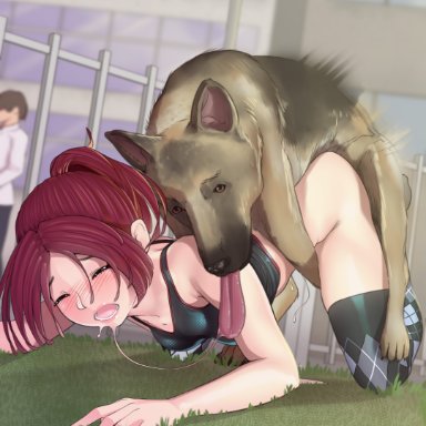 1boy, 1boy1girl, 1girls, ark thompson (blueaxolotl), ass, ass up, barely clothed, blush, breasts, canine, closed eyes, doggy style, female, grabbing from behind, grass