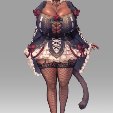 1girls, ass, big ass, big breasts, blonde hair, breasts, busty, cat ears, cat tail, catgirl, cleavage, cleavage overflow, dark skin, dress, female